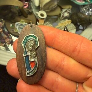 VTG Wooden Pendant with Religious Icon Holy Mother & Infant Christ